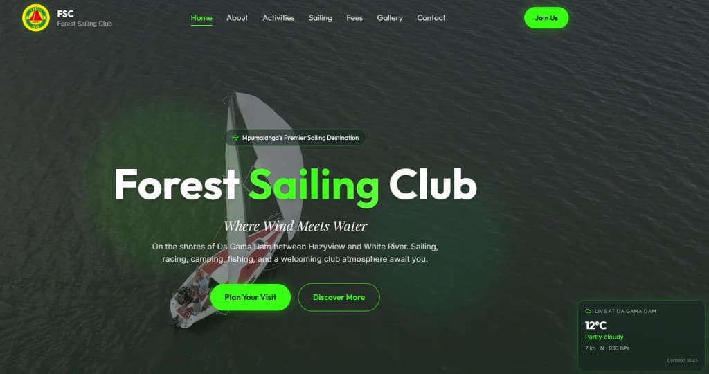 Forest Sailing Club website screenshot — Lowveld Web portfolio